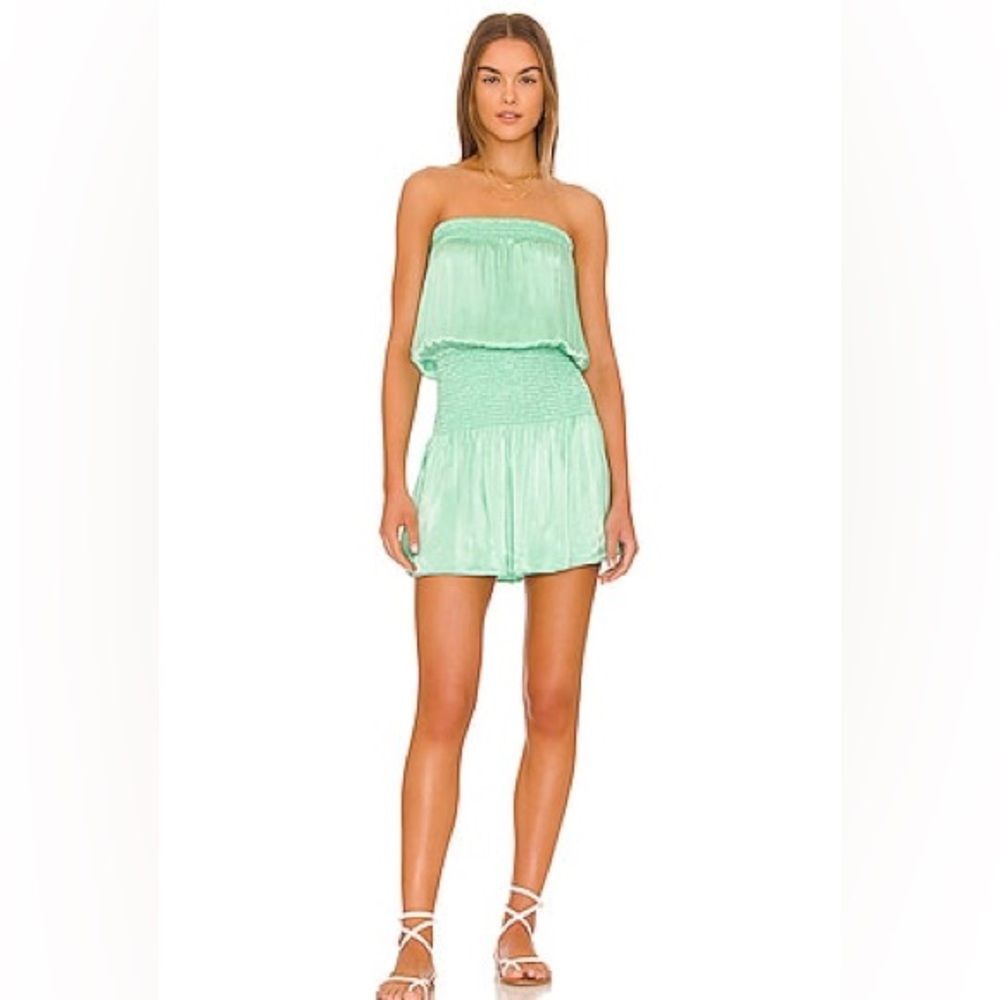 Strapless Mint Green Smocked Waist Mini Dress